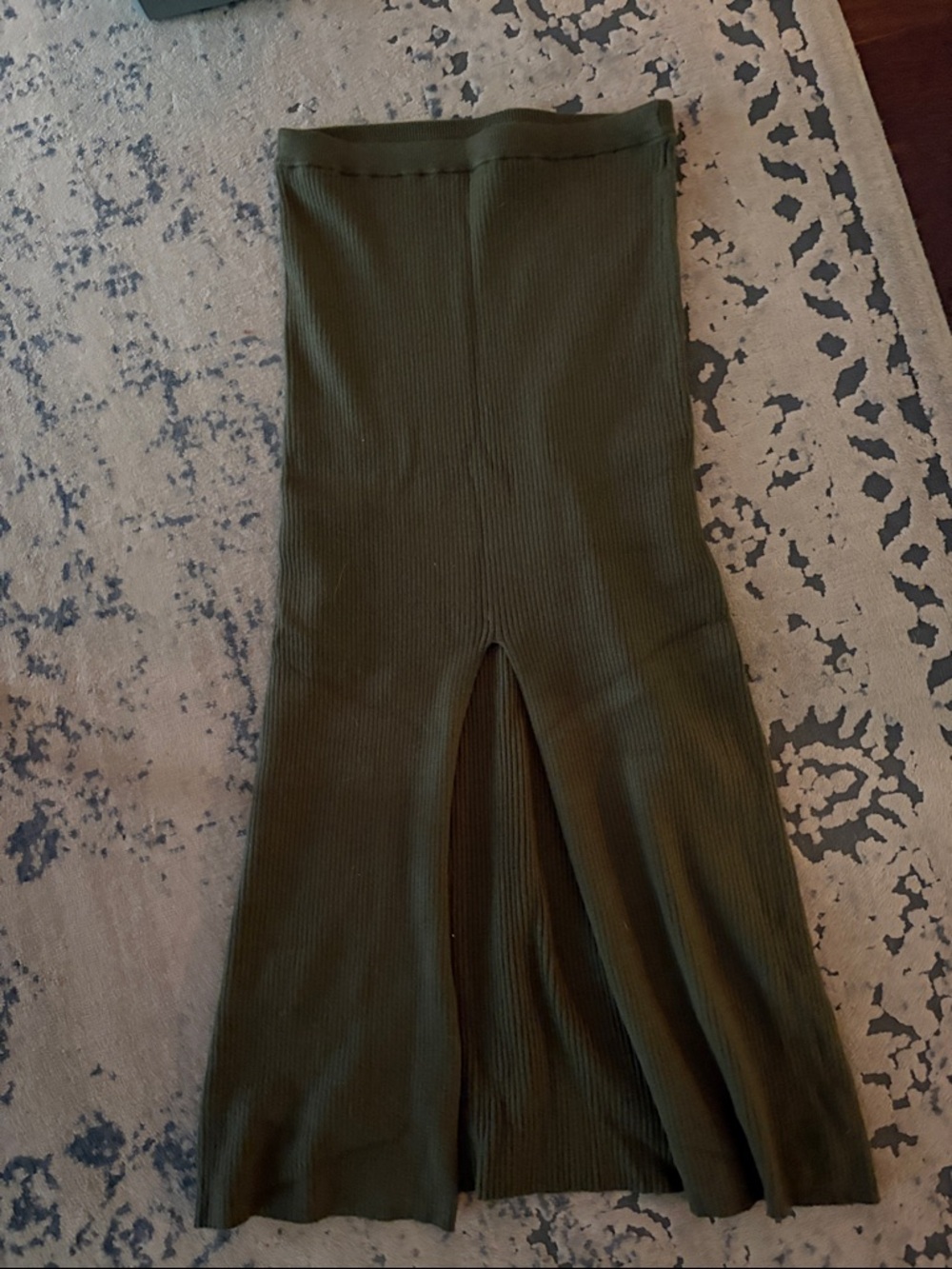 Revolve Ribbed Olive Green Knit Midi Skirt with Front Slit